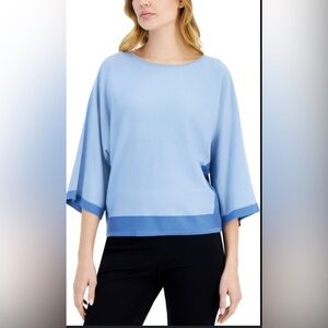 Tahari Light Blue Contrast Trim 3/4 Sleeve Crew Neck Sweater Size Medium